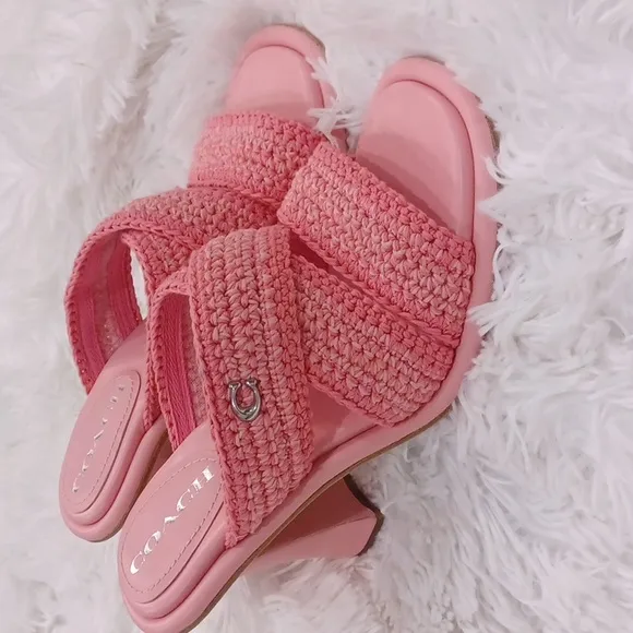 NEW COACH’s Quintin 60MM Crochet leather sculptural heel sandalsBarbie Pink