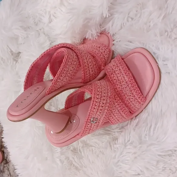NEW COACH’s Quintin 60MM Crochet leather sculptural heel sandalsBarbie Pink
