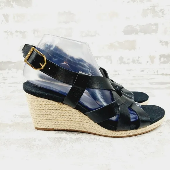 NEW Cole Haan Crystal Black Leather Buckle Sling Back Summer Wedge Sandals H328