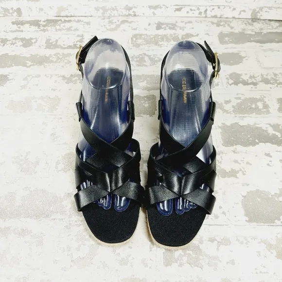 NEW Cole Haan Crystal Black Leather Buckle Sling Back Summer Wedge Sandals H328
