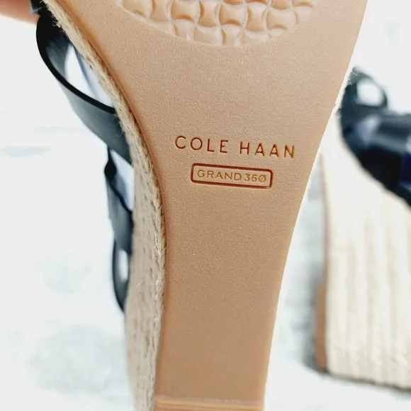 NEW Cole Haan Crystal Black Leather Buckle Sling Back Summer Wedge Sandals H328
