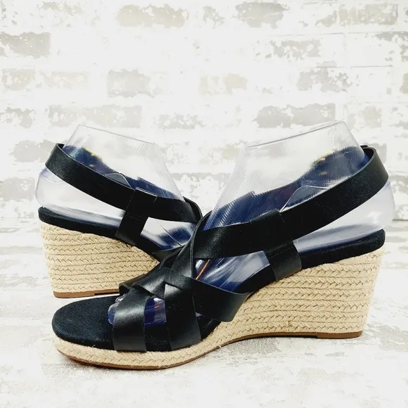 NEW Cole Haan Crystal Black Leather Buckle Sling Back Summer Wedge Sandals H328
