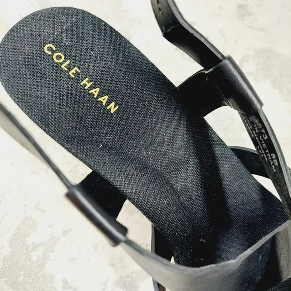 NEW Cole Haan Crystal Black Leather Buckle Sling Back Summer Wedge Sandals H328