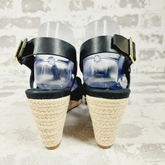 NEW Cole Haan Crystal Black Leather Buckle Sling Back Summer Wedge Sandals H328