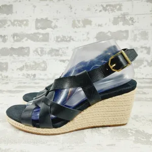 NEW Cole Haan Crystal Black Leather Buckle Sling Back Summer Wedge Sandals H328