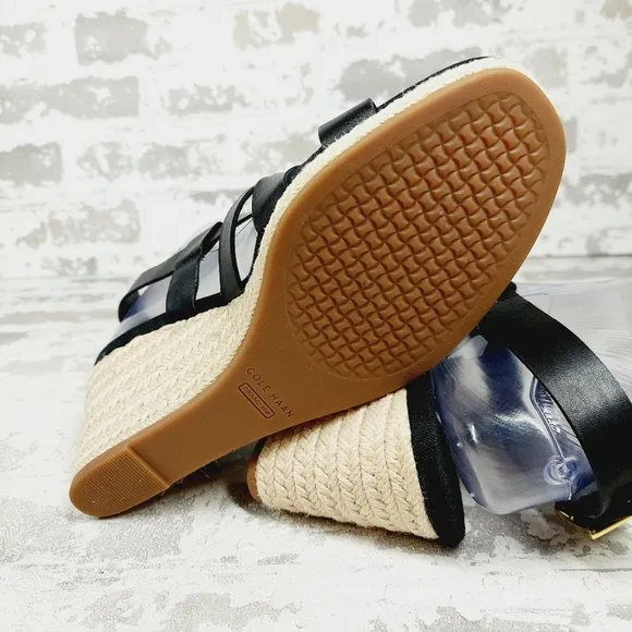 NEW Cole Haan Crystal Black Leather Buckle Sling Back Summer Wedge Sandals H328