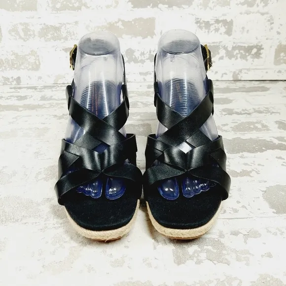 NEW Cole Haan Crystal Black Leather Buckle Sling Back Summer Wedge Sandals H328