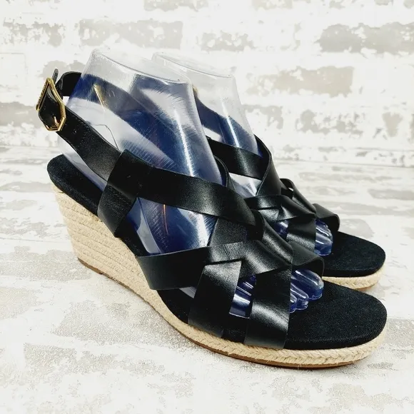 NEW Cole Haan Crystal Black Leather Buckle Sling Back Summer Wedge Sandals H328