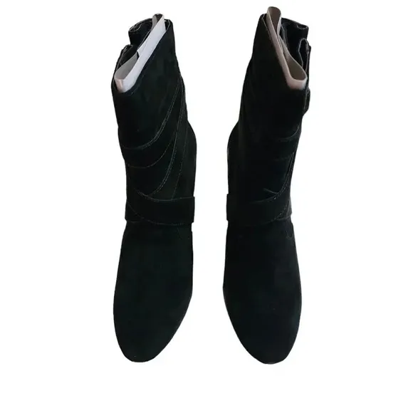 New Colin Stuart Women Black Leather Suede Belt Loop Booties Wedge Heel Size 8 B