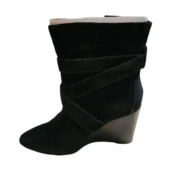 New Colin Stuart Women Black Leather Suede Belt Loop Booties Wedge Heel Size 8 B