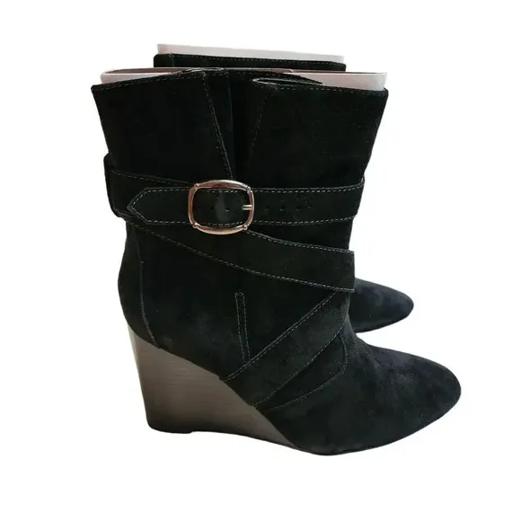 New Colin Stuart Women Black Leather Suede Belt Loop Booties Wedge Heel Size 8 B