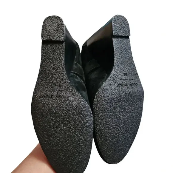 New Colin Stuart Women Black Leather Suede Belt Loop Booties Wedge Heel Size 8 B