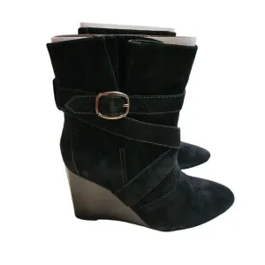 New Colin Stuart Women Black Leather Suede Belt Loop Booties Wedge Heel Size 8 B