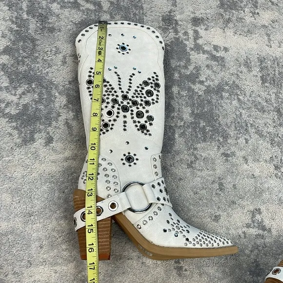 New Dolls Kill Current Mood White Studded Butterfly Cowboy Boots Festival Sz 6