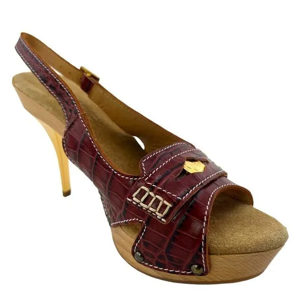 New DSQUARED2 Women US 10 Shoes Brown Leather Pumps Open Toe Platform Mid Heel