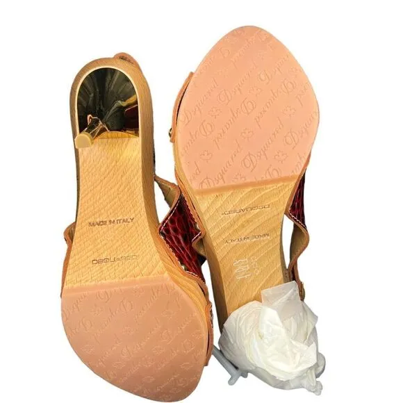 New DSQUARED2 Women US 10 Shoes Brown Leather Pumps Open Toe Platform Mid Heel