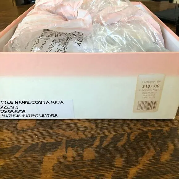 NEW Footcandy Costa Rica Nude Patent Leather Peep Toe Wedge Sandals NWT