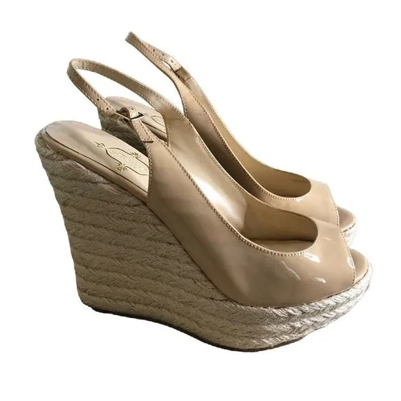 NEW Footcandy Costa Rica Nude Patent Leather Peep Toe Wedge Sandals NWT