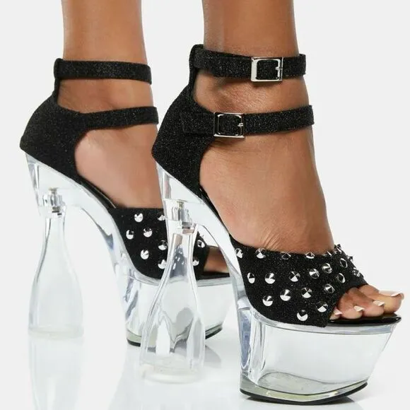 NEW Golden Bulls DETUX-02 studded clear heel Platform heels Size 6 black