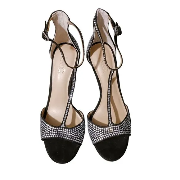 NEW INC Firah Rhinestone Embellished T-Strap‎ Stiletto Dressy Heels, Black, 6.5
