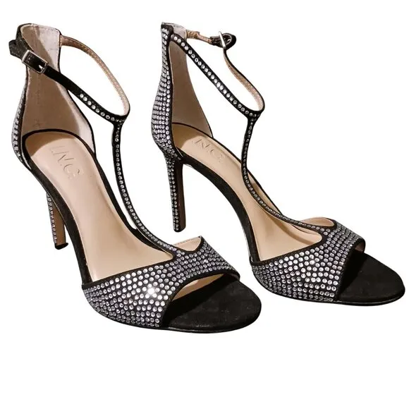 NEW INC Firah Rhinestone Embellished T-Strap‎ Stiletto Dressy Heels, Black, 6.5