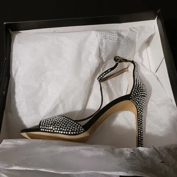 NEW INC Firah Rhinestone Embellished T-Strap‎ Stiletto Dressy Heels, Black, 6.5