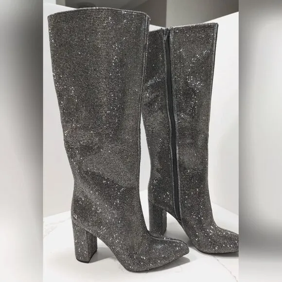 New INC International Concepts Boots Paiton Block Heel Pewter Crystal Womens 5