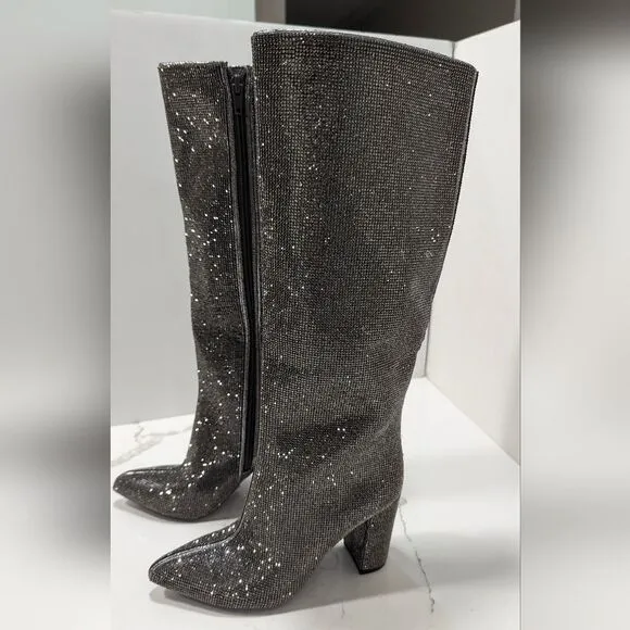 New INC International Concepts Boots Paiton Block Heel Pewter Crystal Womens 5