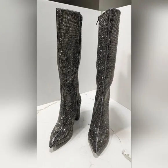 New INC International Concepts Boots Paiton Block Heel Pewter Crystal Womens 5
