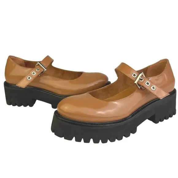 NEW Jeffrey Campbell Mary Jane Brown Tan Leather Buckle Platform Pump Shoes 6.5