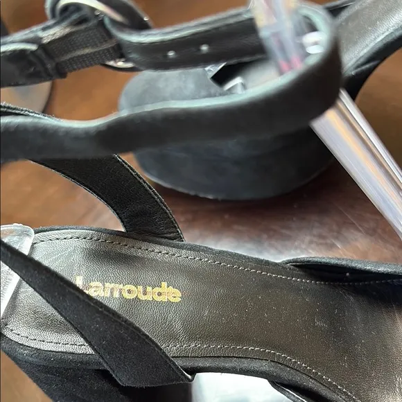 🐓New Larroude Ari Black suede leather Platform Block Heels with Ankle Strap