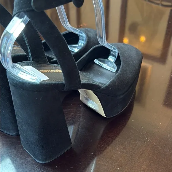 🐓New Larroude Ari Black suede leather Platform Block Heels with Ankle Strap