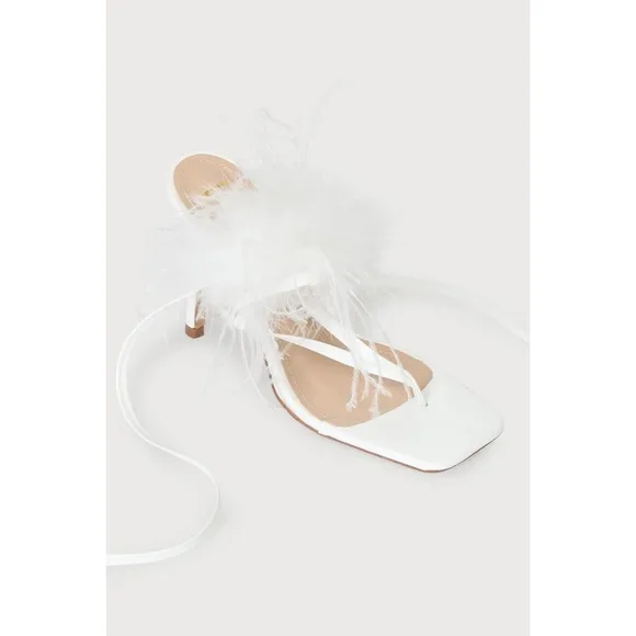 New Lulus Lustyy White Feather Square Toe Lace-Up High Heel SandalsSize 7.5
