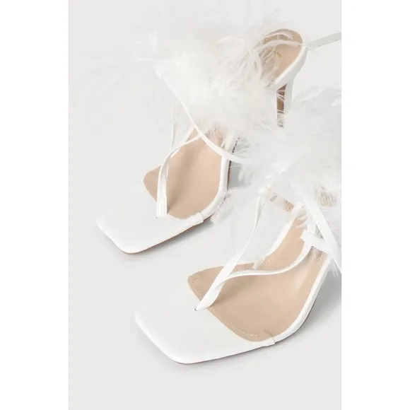 New Lulus Lustyy White Feather Square Toe Lace-Up High Heel SandalsSize 7.5