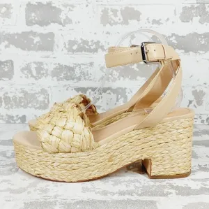 New Marc Fisher Steel Natural Raffia Platform Sandals C332