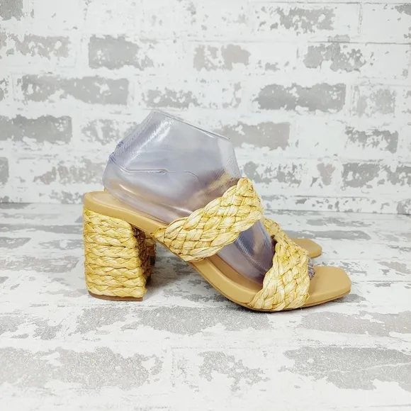 NEW Mia Felicity Raffia Double Band Block Heel Sandals in Natural D290