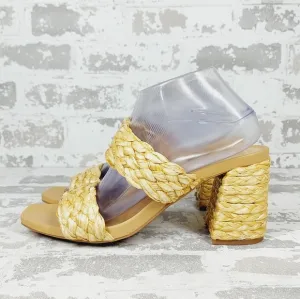 NEW Mia Felicity Raffia Double Band Block Heel Sandals in Natural D290