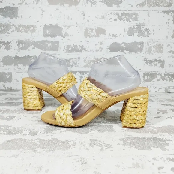 NEW Mia Felicity Raffia Double Band Block Heel Sandals in Natural D290