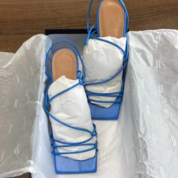 New MIISTA Sally Thin Straps Square Toe Sculptural Heel Sandals in Blue Size 36