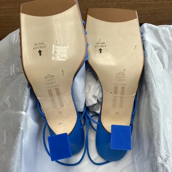 New MIISTA Sally Thin Straps Square Toe Sculptural Heel Sandals in Blue Size 36