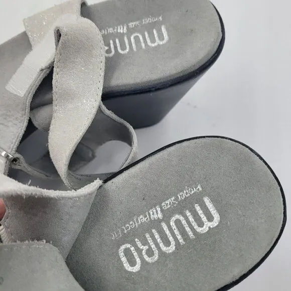 NEW Munro Willa Gray Silver Suede Block Heel Hook &amp; Loop Sandals Women's…