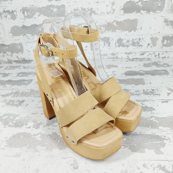 NEW Sam Edelman Rosalind Tan Suede Block Heel Ankle Strap Sandals E354