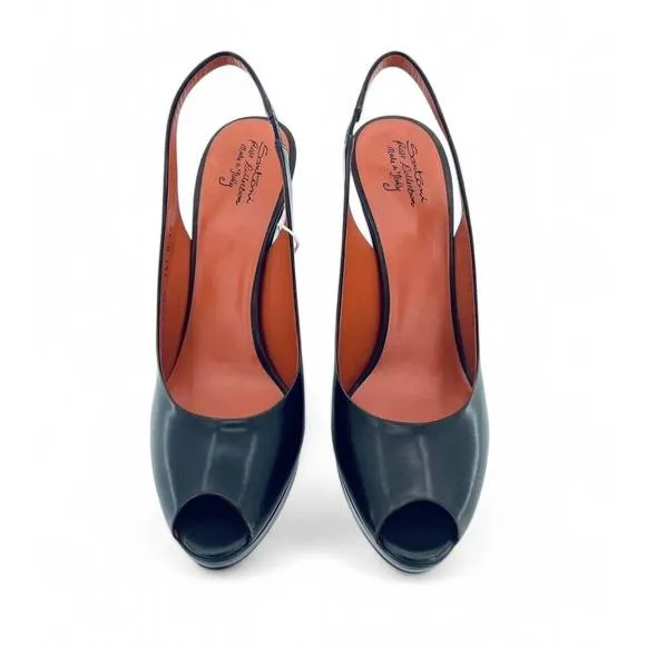 NEW SANTONI gloss leather peep toe platform heels in brown