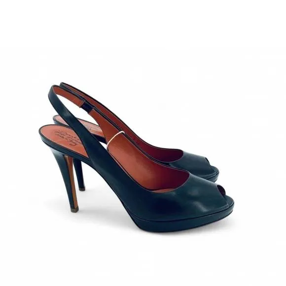 NEW SANTONI gloss leather peep toe platform heels in brown