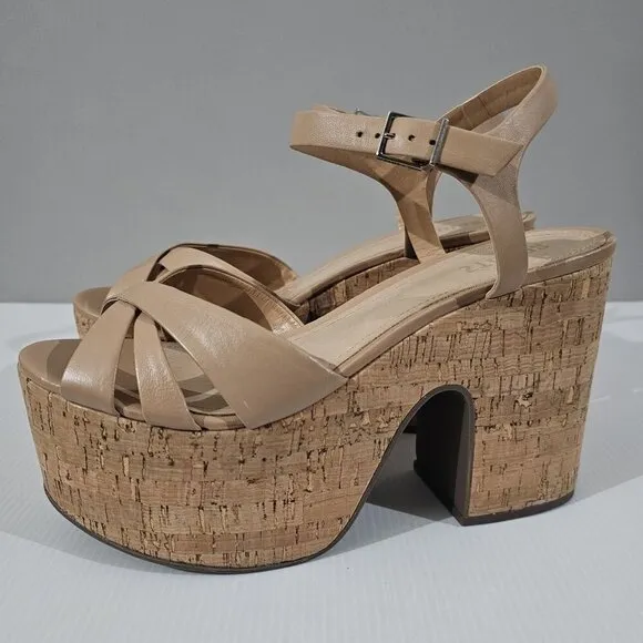 NEW Schutz Keefa Cutout Platform Heel Sandal Beige Tan Leather Cork Size 9.5