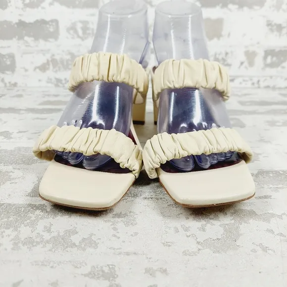NEW Staud Frankie Ruched Cream Leather Open Toe Block Heel Slide Sandals C66