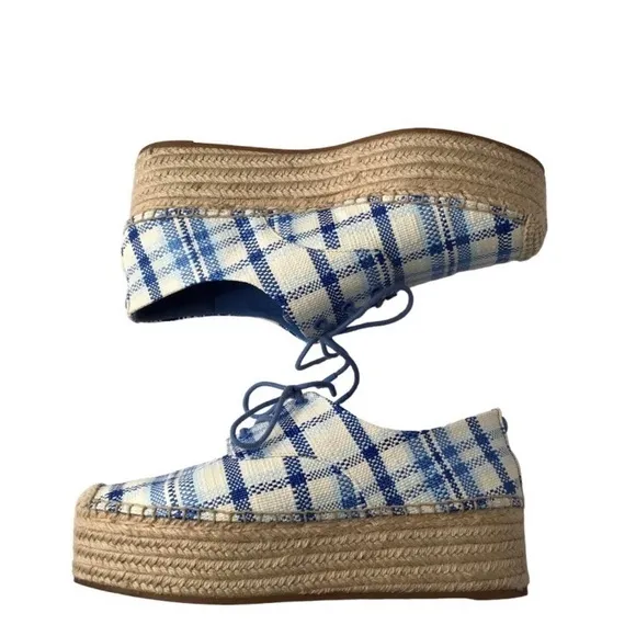 NEW TORY BURCH FLORENCE BLUE &amp; WHITE PRINT PLATFORM HEEL LACE UP SHOES SIZE 9.5