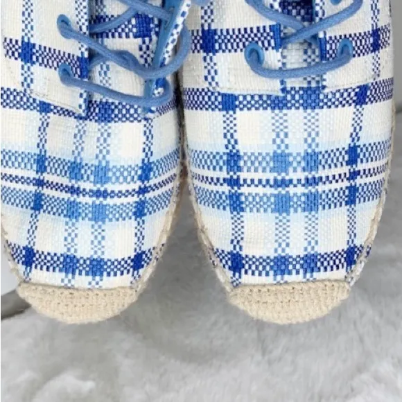 NEW TORY BURCH FLORENCE BLUE &amp; WHITE PRINT PLATFORM HEEL LACE UP SHOES SIZE 9.5