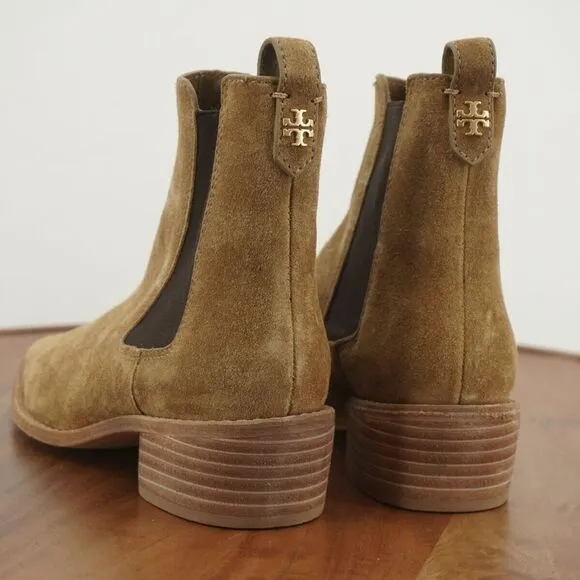 NEW Tory Burch Womens 45 MM Chelsea Ankle Boots Tan Beige Suede Block Heel 6M