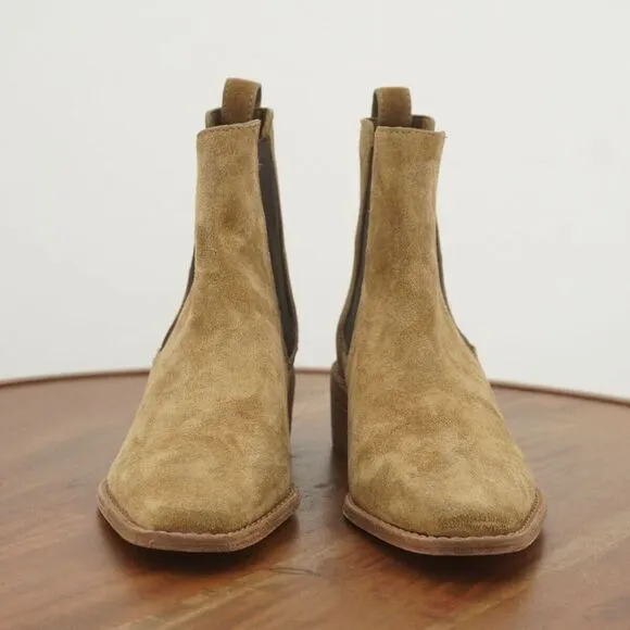 NEW Tory Burch Womens 45 MM Chelsea Ankle Boots Tan Beige Suede Block Heel 6M